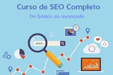 Capa do curso SEO Completo: Do Básico ao Avançado com ícones de otimização, gráfico de crescimento e lupa.