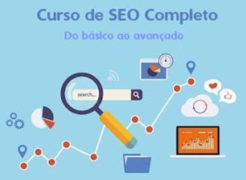 Capa do curso SEO Completo: Do Básico ao Avançado com ícones de otimização, gráfico de crescimento e lupa.