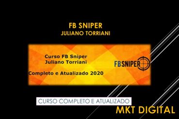 Capa do Curso FB Sniper de Juliano Torriani com ícones de marketing digital e análise de resultados.