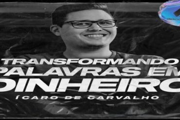 Ícaro de Carvalho apresentando o curso Transformando Palavras em Dinheiro 2.0, com elementos de gráficos de vendas e crescimento.