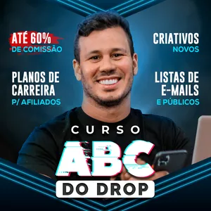 Capa do curso ABC do Drop Rafael Lima com ícones de dropshipping, ferramentas e gráfico de crescimento
