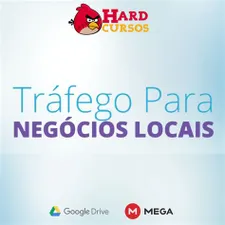 Homem trabalhando em laptop exibindo gráficos de tráfego pago para negócios locais com ícones de redes sociais e Google.