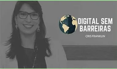 Empreendedor utilizando laptop com gráficos de crescimento e ícones de negócios digitais, representando o curso Digital sem Barreiras de Cris Franklin.