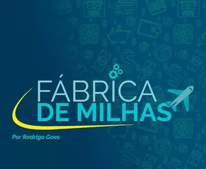 Capas do curso Fábrica de Milhas de Rodrigo Goes em destaque, com ícones de milhas aéreas e dinheiro.
