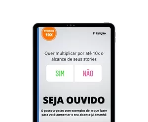 Homem sorrindo olhando para o celular com gráficos de crescimento em Stories do Instagram.