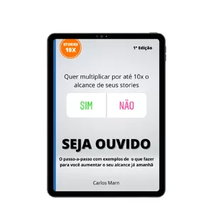 Homem sorrindo olhando para o celular com gráficos de crescimento em Stories do Instagram.