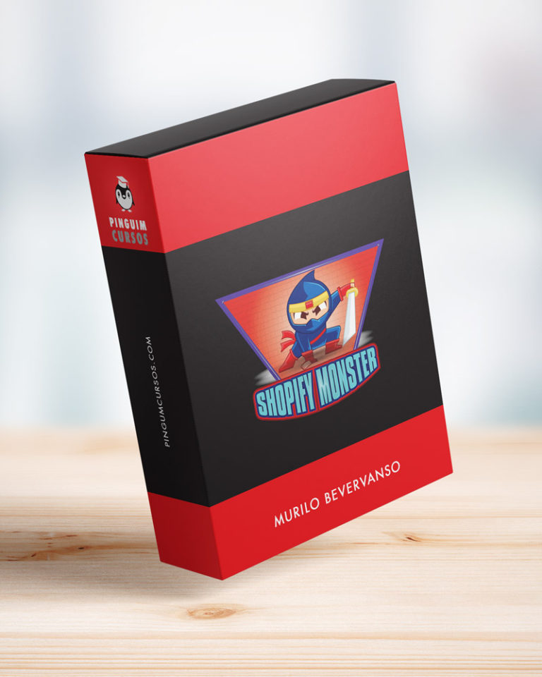 Estante de livros com o título 'Shopify Monster' em destaque, simbolizando um treinamento completo de dropshipping e funis de vendas.