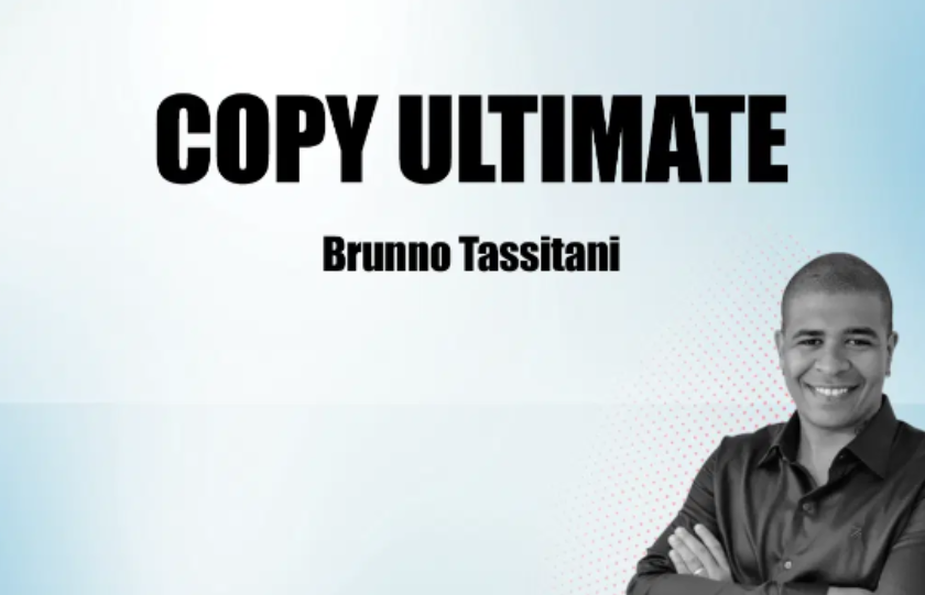 Brunno Tassitani e o curso Copy Ultimate, com elementos de texto persuasivo e vendas online.