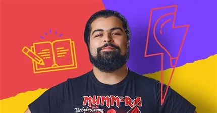 Luiz Henrique Ferreira ministrando curso de Storytelling para Marcas, com elementos visuais de conexão e narrativa.