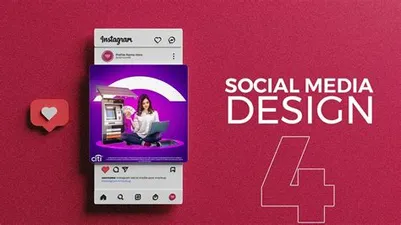 Homem sorridente usando laptop para criar design de social media, com ferramentas digitais e paleta de cores visíveis.